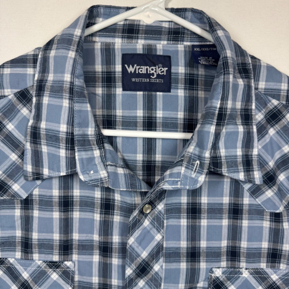 Wrangler Western Shirt Plaid Short Sleeve Blue Cowboy Rodeo Mens Sz XXL
